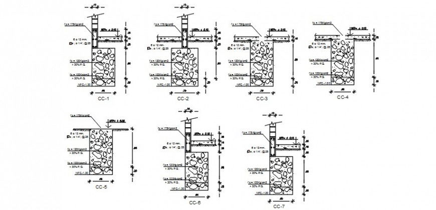 Foundation footings sections and construction drawing details dwg file