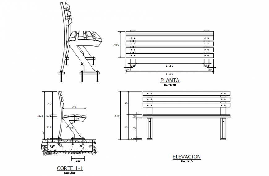 Foundation of park table with its isometric plan and section view in auto cad file