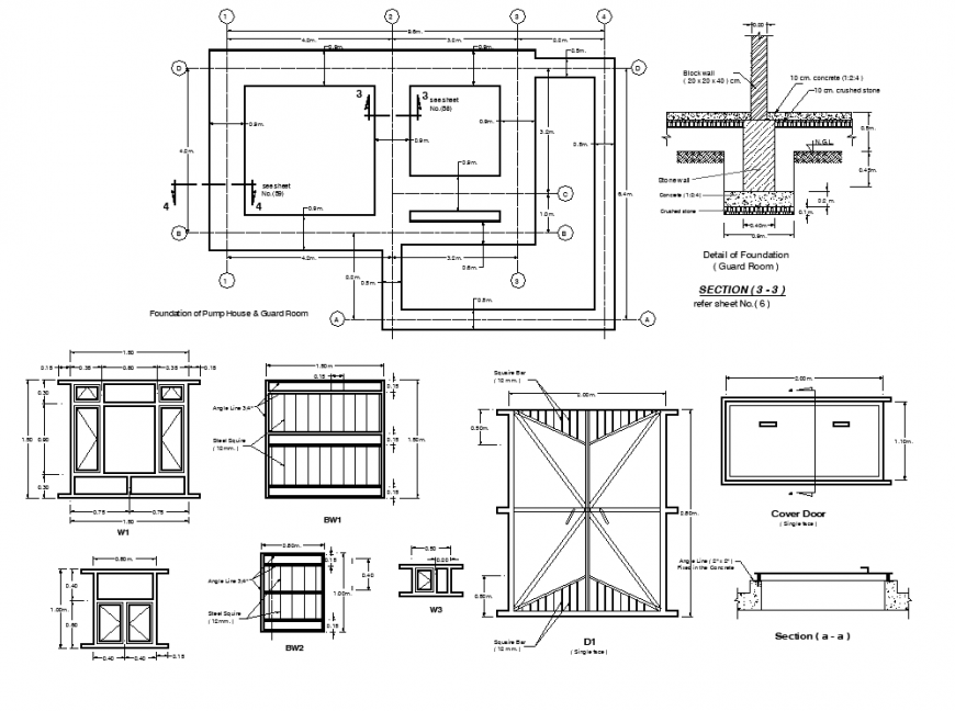 Foundation of pump house and guard room plan, elevation and section detail dwg file