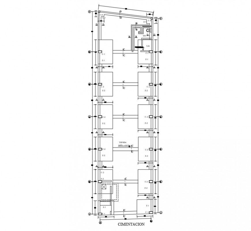 Foundation of wall and column in plan of auto cad file