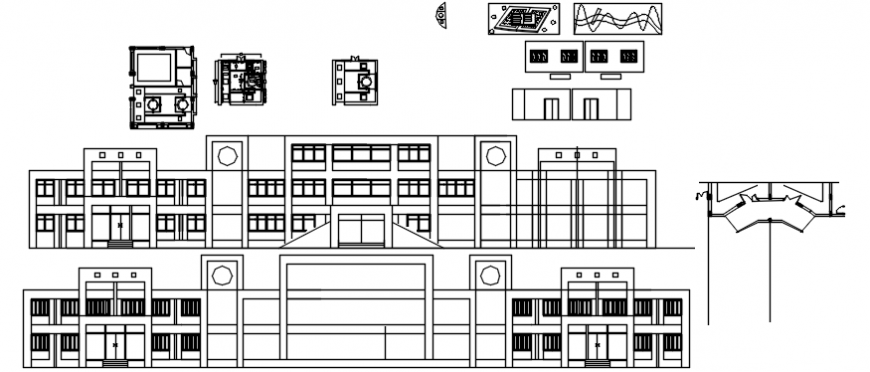 Foundation office multi-story building elevations and auto-cad drawing details dwg file