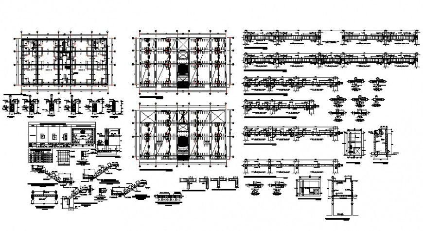 Foundation plan, beam schedule, column and constructive details of building dwg file