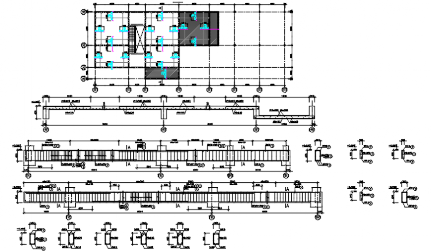 Foundation plan, beam schedule and column structure details for house dwg file
