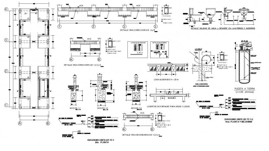 Foundation plan, beam schedule and structure details of three story house dwg file