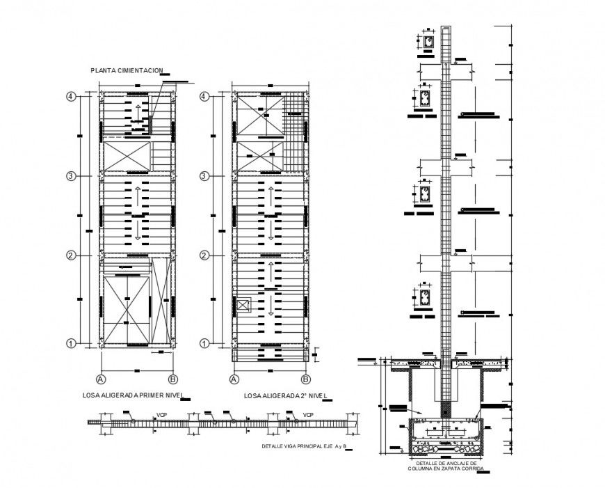 Foundation plan, column and beam details of housing building dwg file