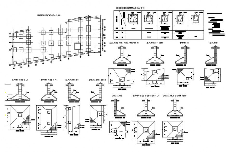 Foundation plan, column and constructive details of house building dwg file