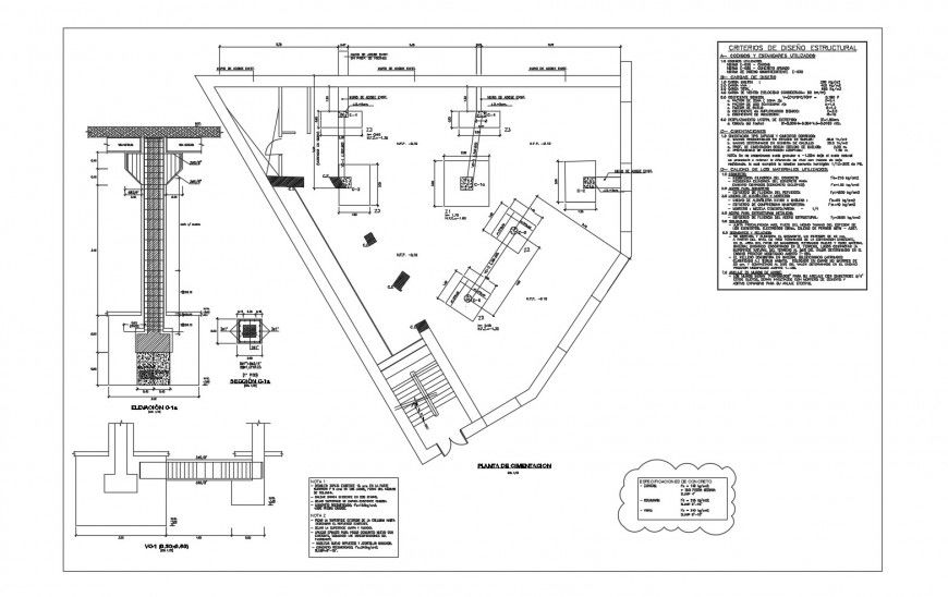 Foundation plan, column elevation and constructive structure cad drawing details dwg file