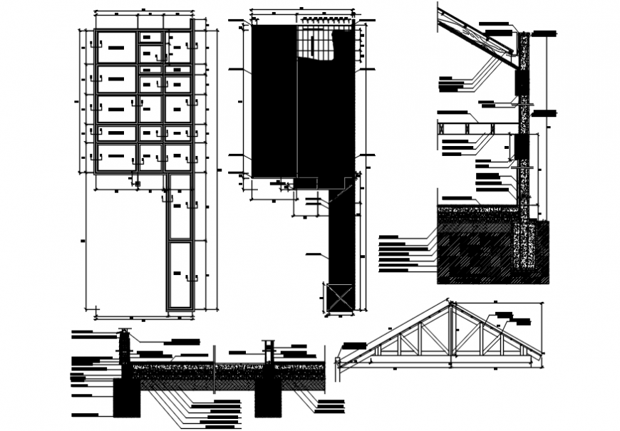 Foundation plan, constructive section and structure details of villa building dwg file