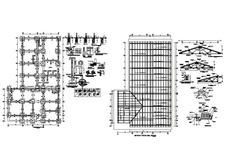 Foundation plan, cover plan and constructive structure details of hospital dwg file