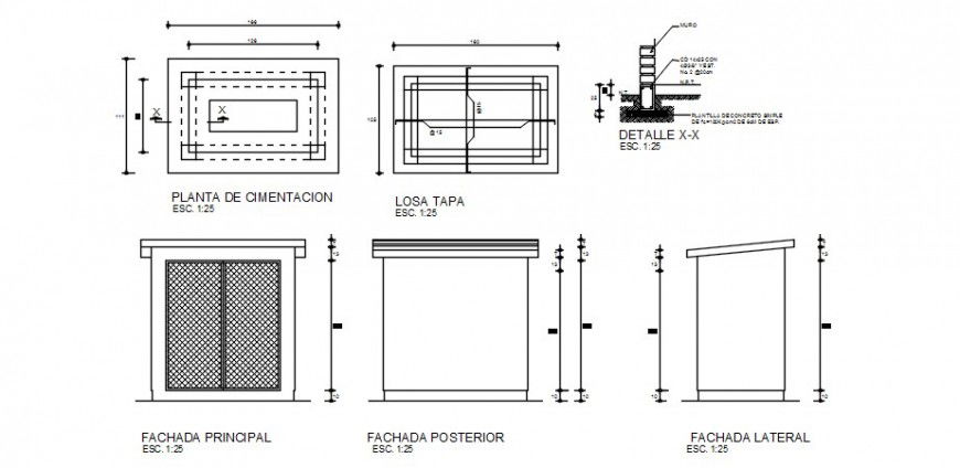 Foundation plan, elevation, section and structure details for principals office dwg file