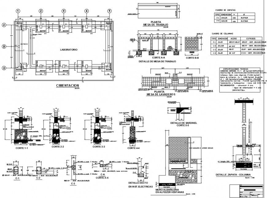 Foundation plan, footing column and structure details for school building dwg file