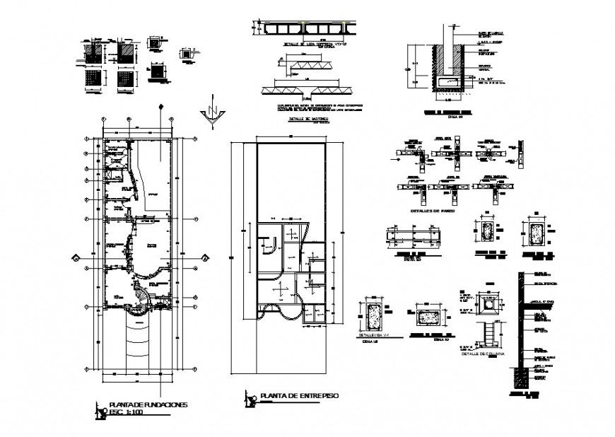 Foundation plan, layout plan and structure details of two-story house dwg file