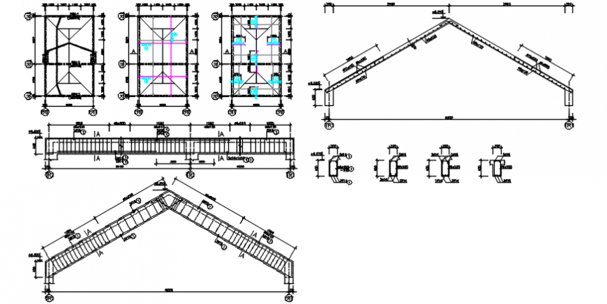 Foundation plan, roof sections and cover plan and structure details of house dwg file