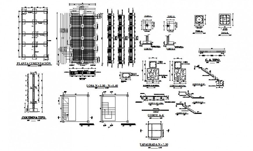 Foundation plan, staircase and constructive cad details dwg file