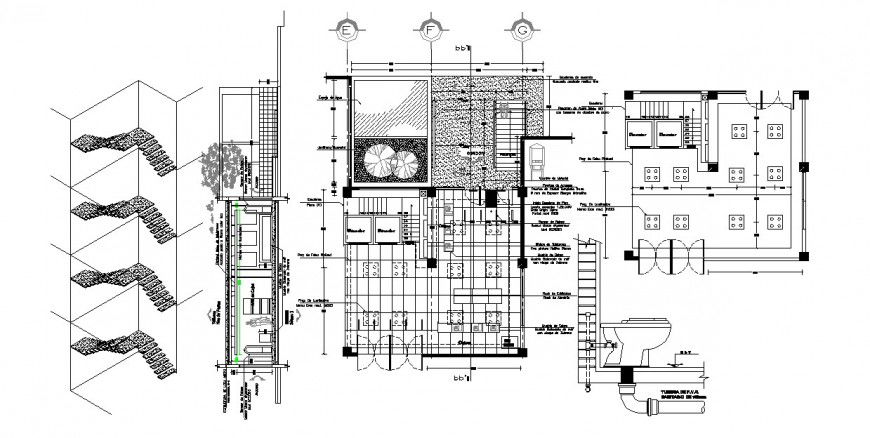 Foundation plan, staircase and constructive structure details of hotel building dwg file