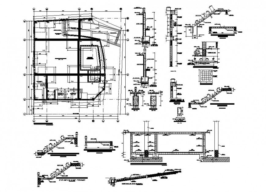 Foundation plan, staircase and several constructive structure details of building dwg file