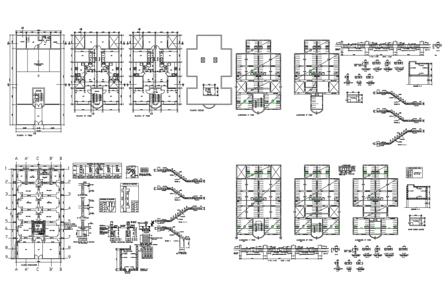Foundation plan, staircase construction, structure and electrical installation details of hotel building dwg file