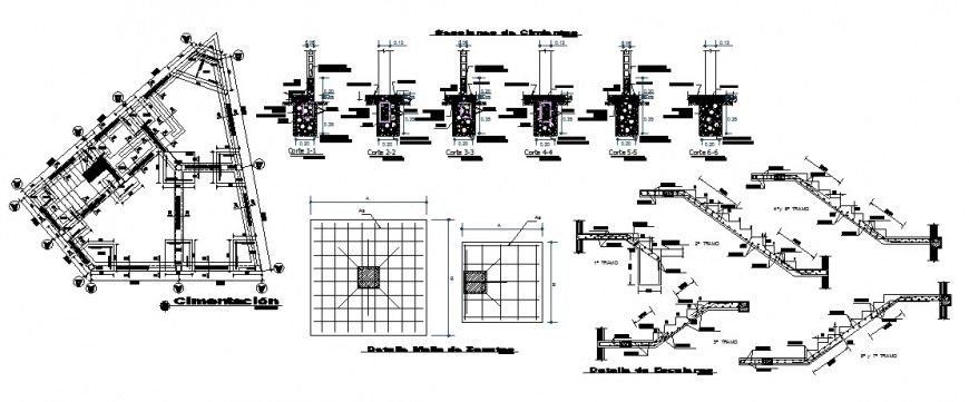 Foundation plan, staircase construction and footing section details of residential building dwg file