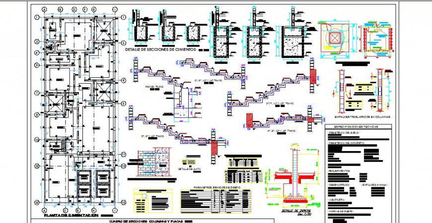 Foundation plan, staircase construction and structure details of building dwg file