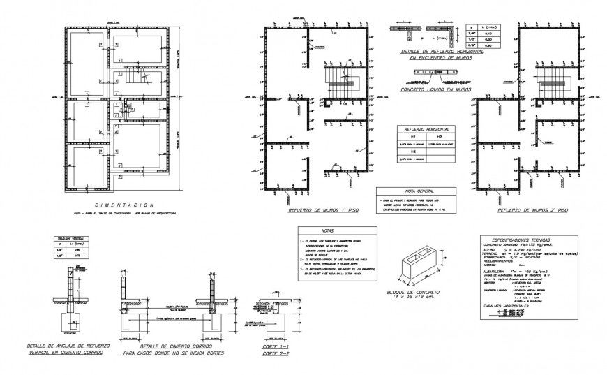 Foundation plan, wall structure and construction drawing details dwg file