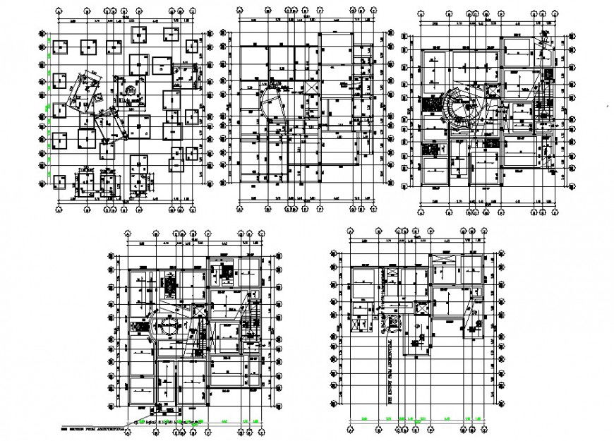 Foundation plan and all floors structure plan drawing details of villa dwg file