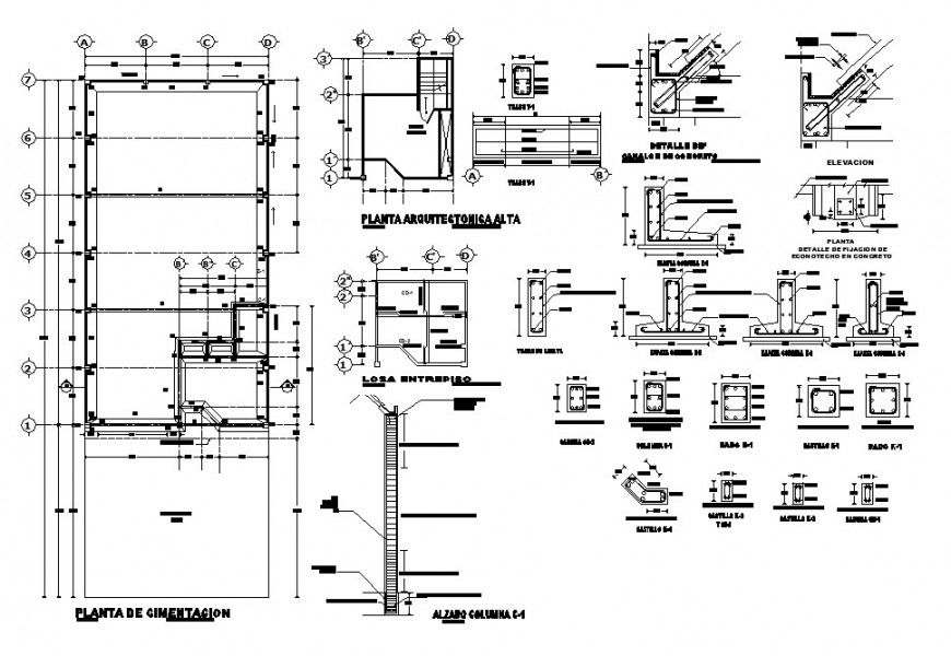 Foundation plan and column constructive structure details of hotel building dwg file