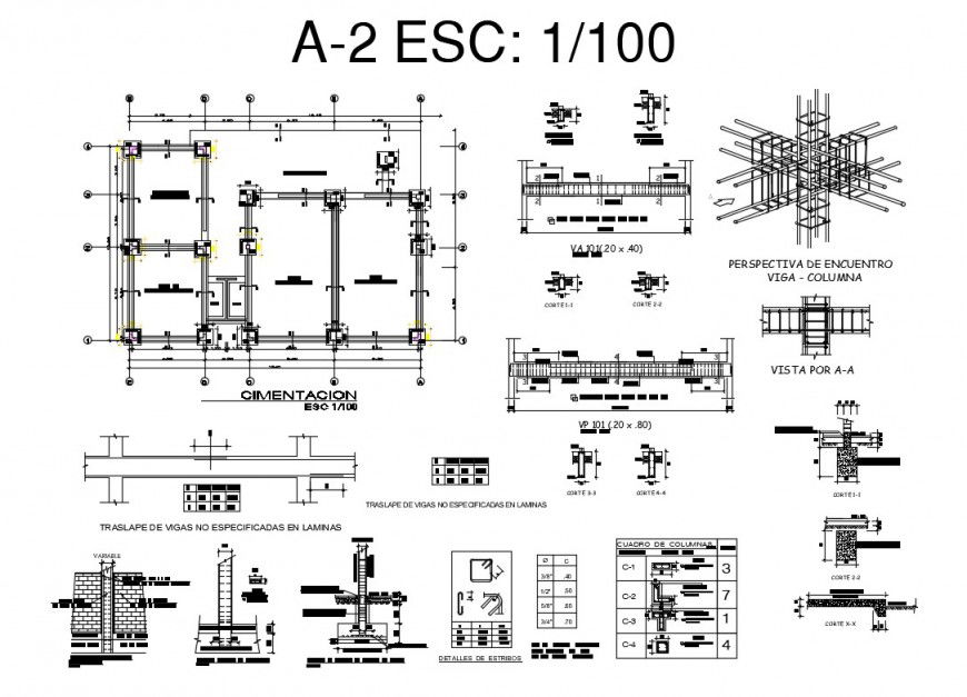 Foundation plan and construction detail 2d view layout file in autocad format