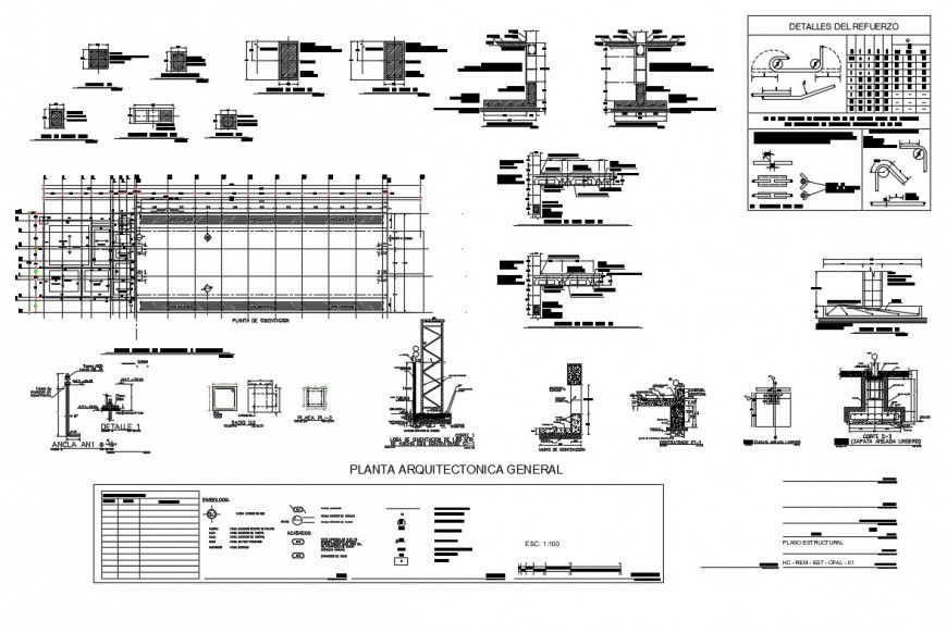 Foundation plan and construction details with column of building dwg file