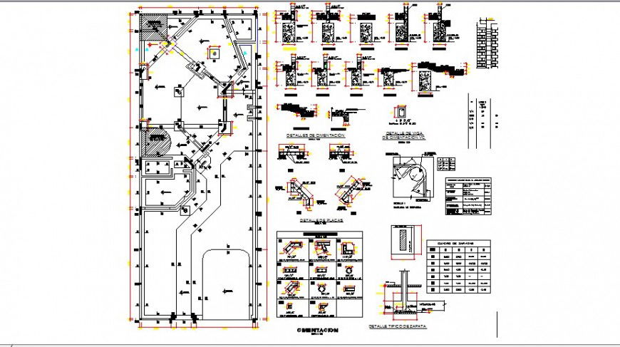 Foundation plan and constructive structure details of house with column, beam and wall dwg file