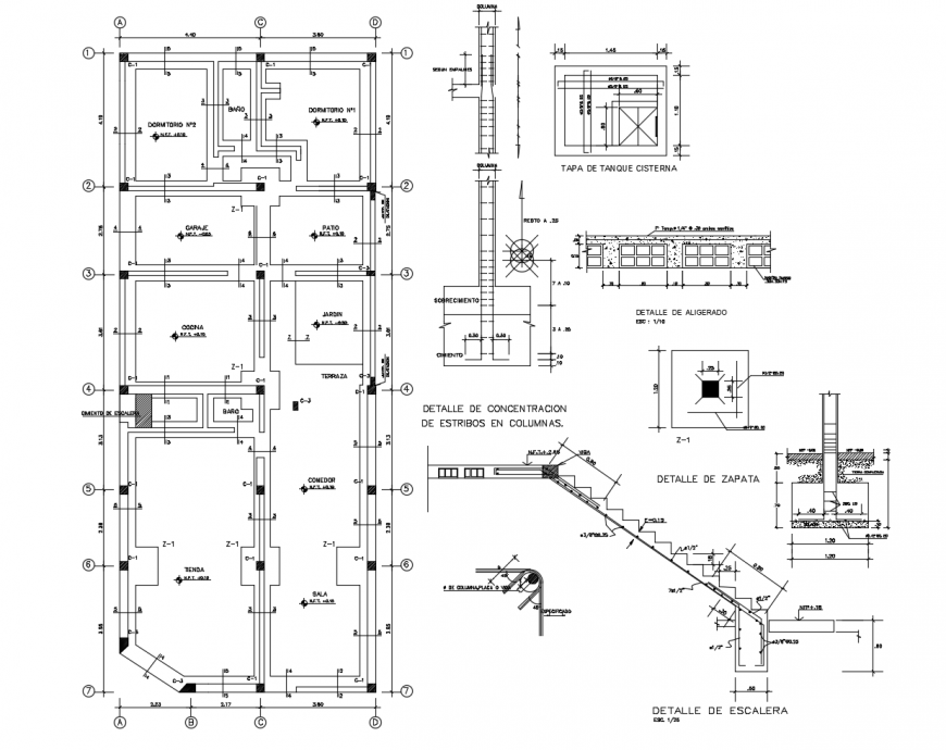 Foundation plan and constructive structure drawing details of house floor dwg file