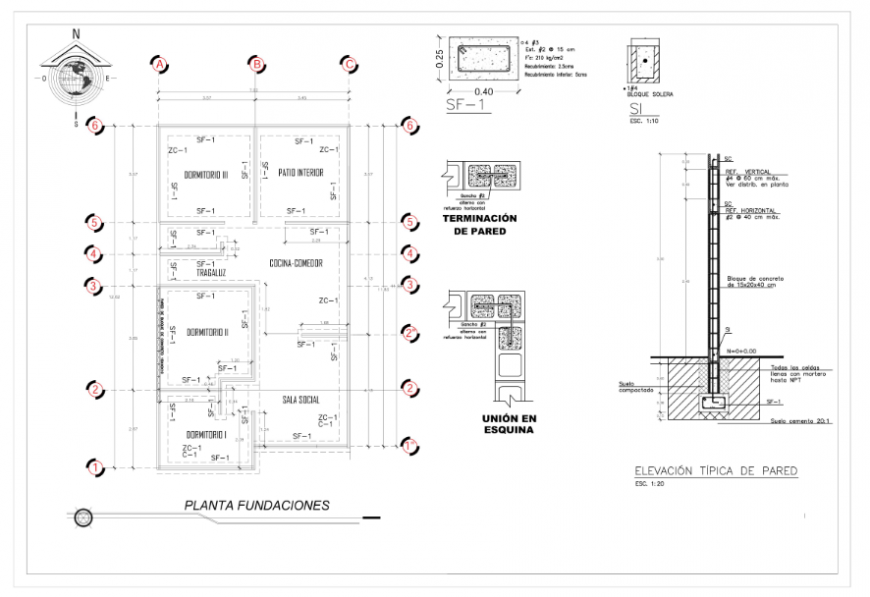 Foundation plan and detail section design of 2BHK house design drawing