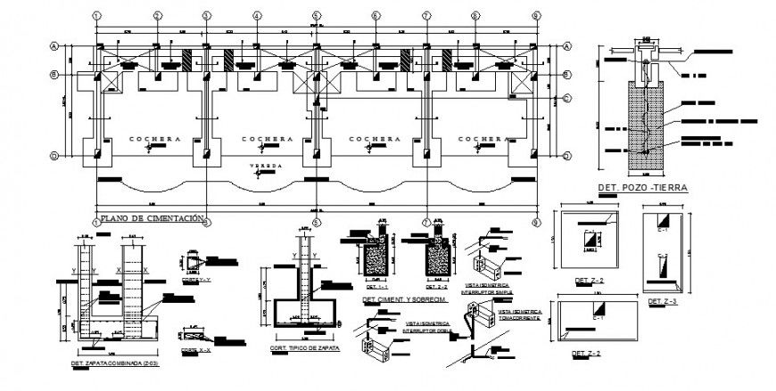 Foundation plan and footing detail 2d view construction drawing in autocad