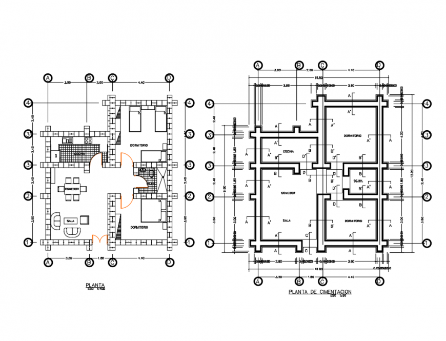 Foundation plan and layout plan details of single story house dwg file