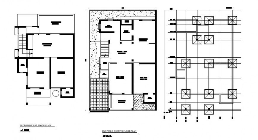 Foundation plan and proposed ground and first floor plan details of house dwg file