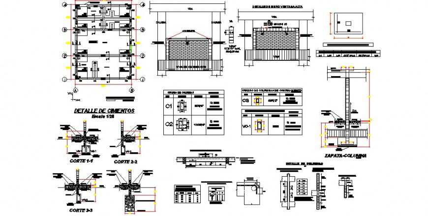 Foundation plan and roof construction details of college building dwg file