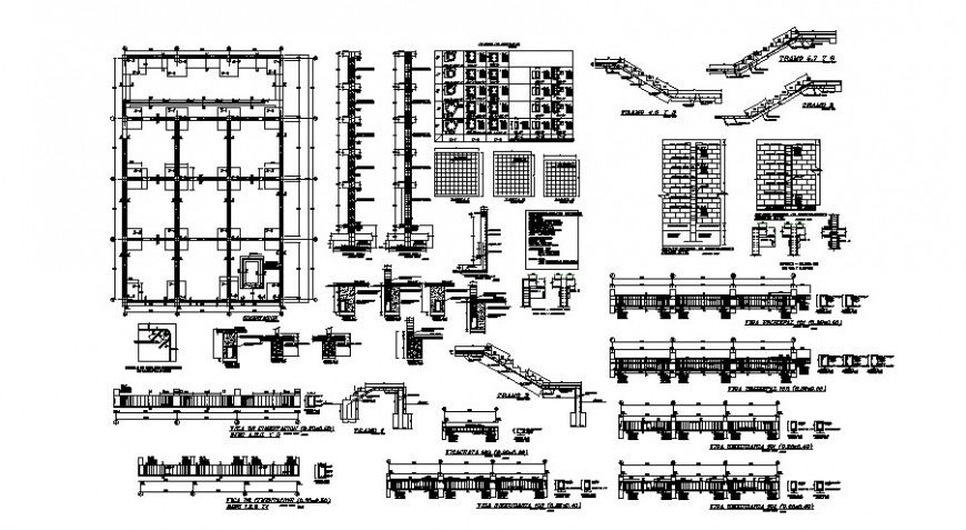 Foundation plan and several construction drawing details for apartment building dwg file