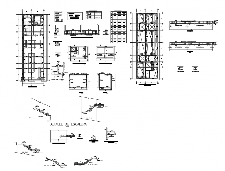 Foundation plan and staircase section and constructive structure details of building dwg file