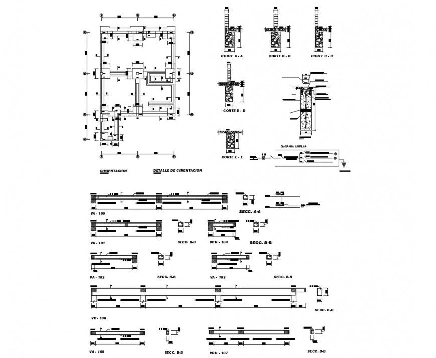 Foundation plan column and beam construction detail in auto cad file