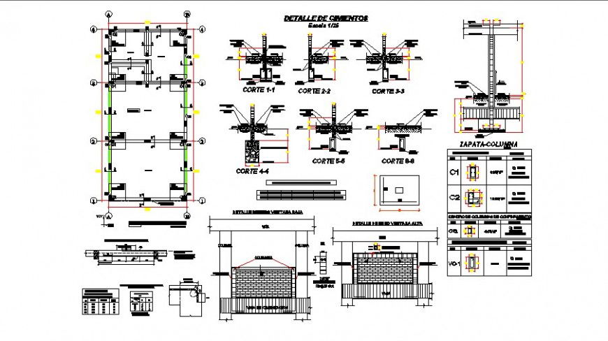 Foundation plan construction details with column of college building dwg file