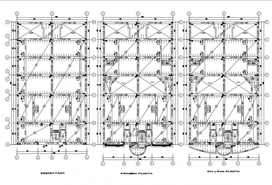 Foundation plan details of ground, first and second floor dwg file
