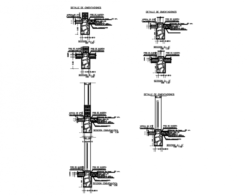 Foundation plan details with wall construction and column of house dwg file