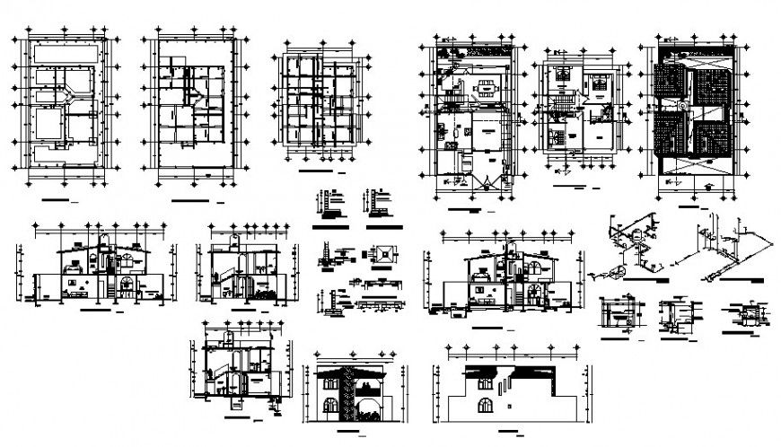 Foundation plan of all floors and constructive details of house dwg file