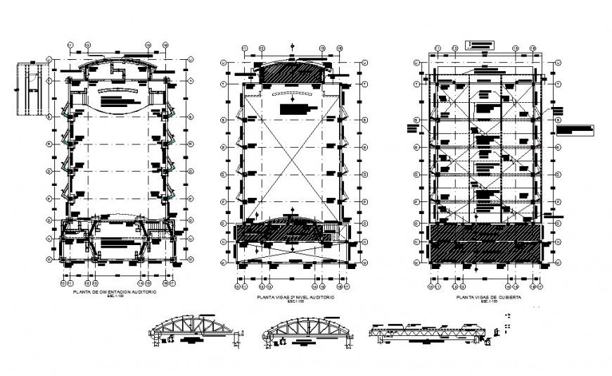 Foundation plan of all floors and roof constructive structure details of auditorium hall dwg file