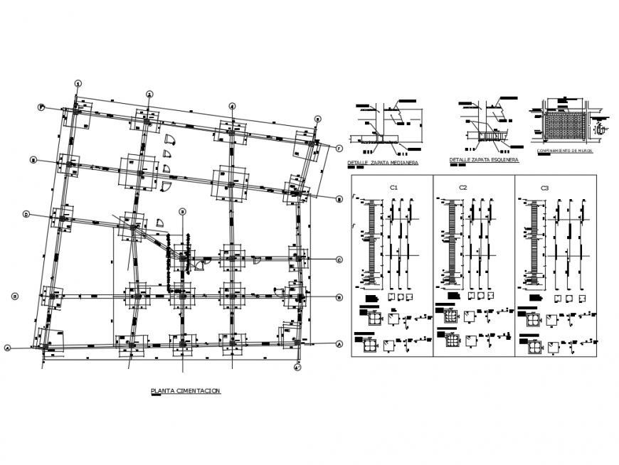 Foundation plan of college with constructive structure details dwg file