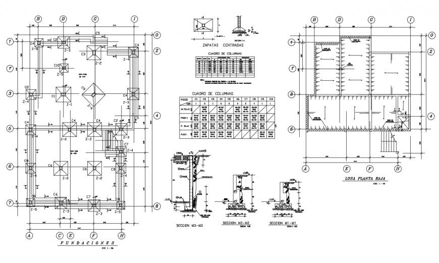 Foundation plan of column with column sectional view and low plan dwg file