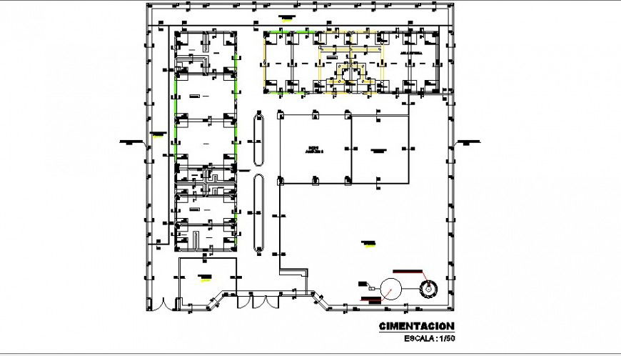 Foundation plan structure details of college building floors dwg file