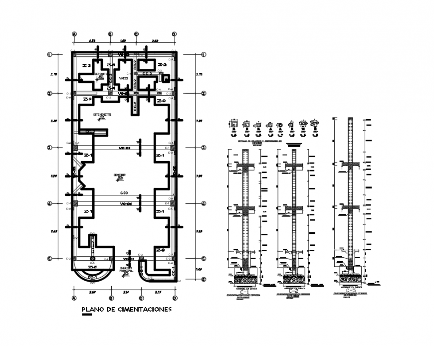 Foundation plan structure details of house with constructive details dwg file