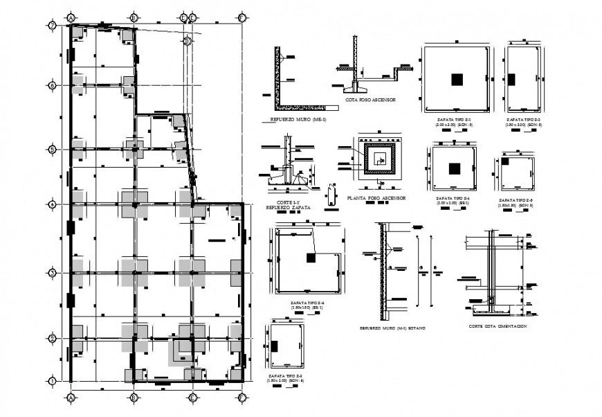 Foundation plan structure details with column, beam and footings cad drawing details dwg file