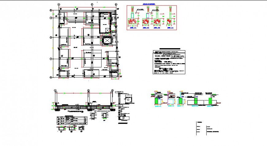 Foundation plan structure details with column schedule of hotel building dwg file