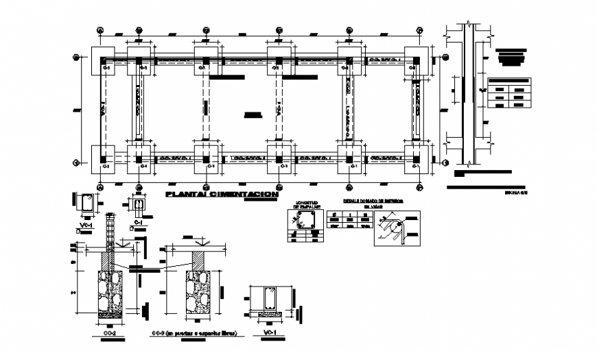 Foundation plan with column and constructive structure details dwg file